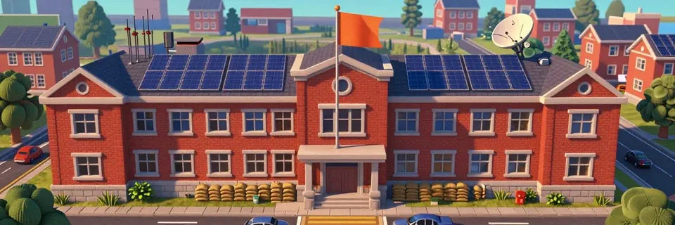 A red-brick HQ with solar panels on the roof, sandbags at the door and an orange flag.