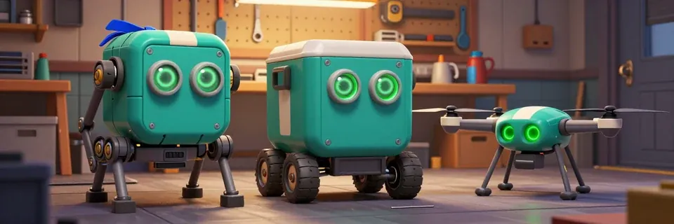 Three small teal robots with green eyes in a garage: a walker, a cart on wheels and a drone.