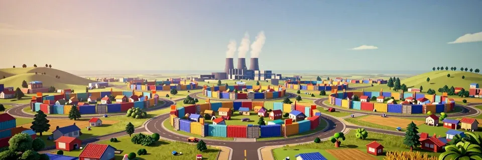 Neighbourhoods fenced with colourful shipping containers, a datacenter steaming on the horizon.