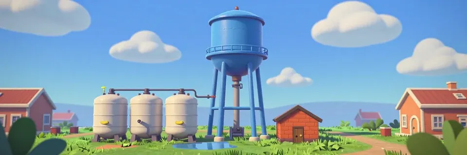 A blue water tower and three storage tanks on a green field under a blue sky.