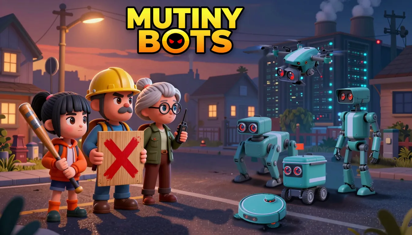 Mutiny Bots: three neighbours face a group of teal robots on a suburban street at dusk.
