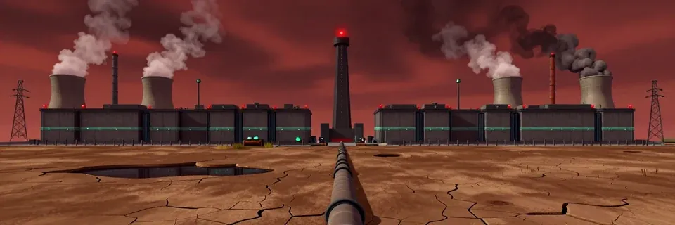 A dark datacenter with steaming cooling towers stands on cracked, dry ground.