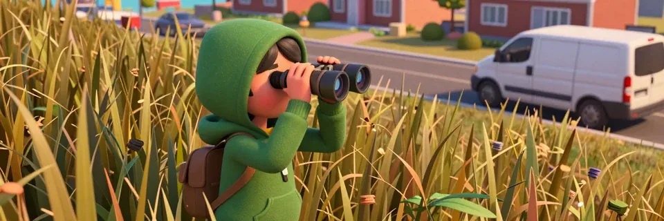A scout in a green hoodie watches a white van through binoculars from the tall grass.