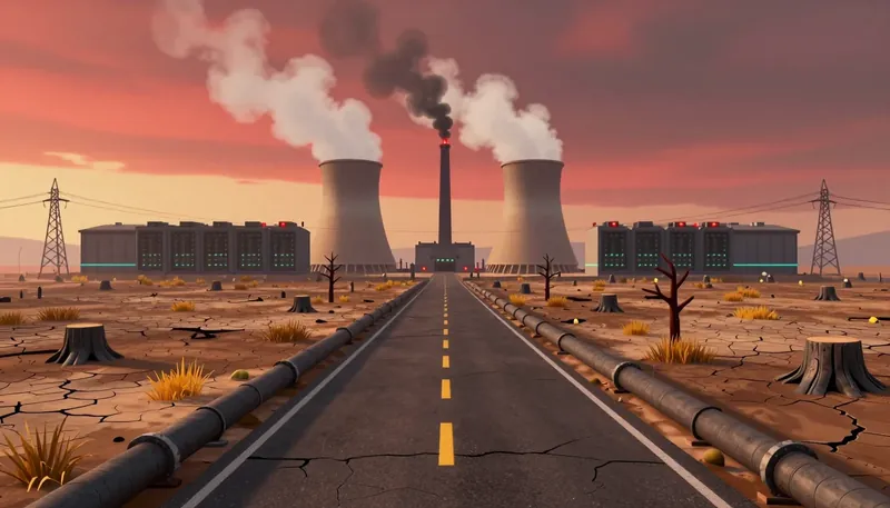 The cooling towers of a datacenter at the end of a road.
