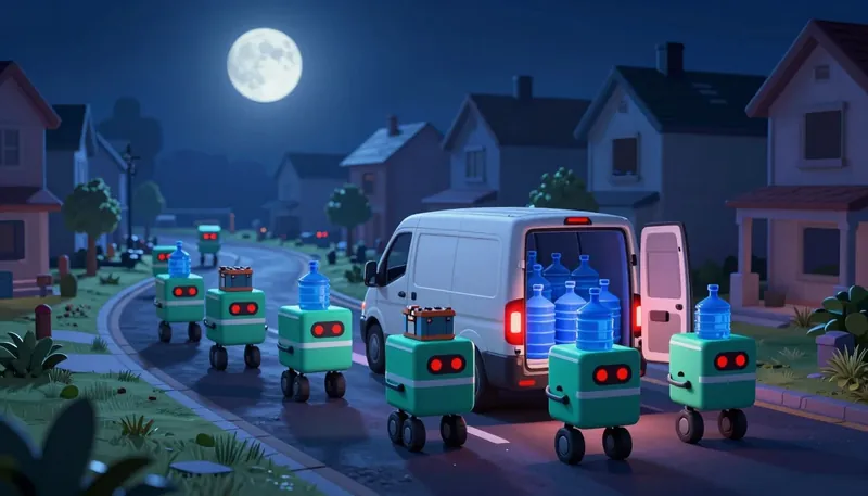 Teal delivery robots load water bottles into a van at night.