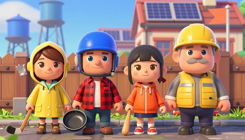 Four neighbours stand in front of a house, a water tower behind them.