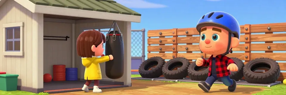 Two neighbours train in a backyard with a punching bag and a row of old tyres.