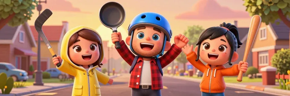 Three cheering neighbours raise a hockey stick, a frying pan and a baseball bat on a sunny street.