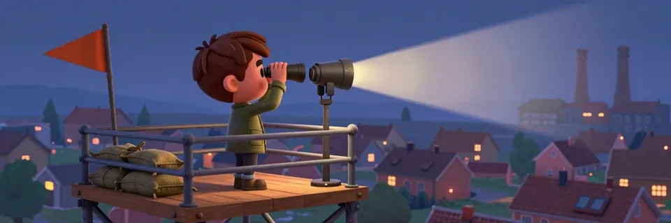 A lookout with binoculars and a searchlight stands on a platform above a town at night.