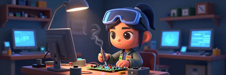A young technician in goggles solders a circuit board in a room full of old computer monitors.
